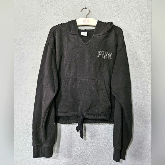 PINK Victoria's Secret Tops - Victoria's Secret PINK Black w/ Rhinestones Cropped Hoodie.